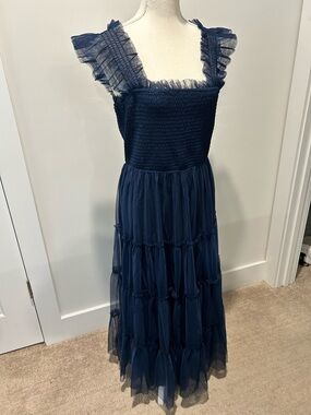Baltic Born Navy Smocked Bodice Tulle Maxi Dress